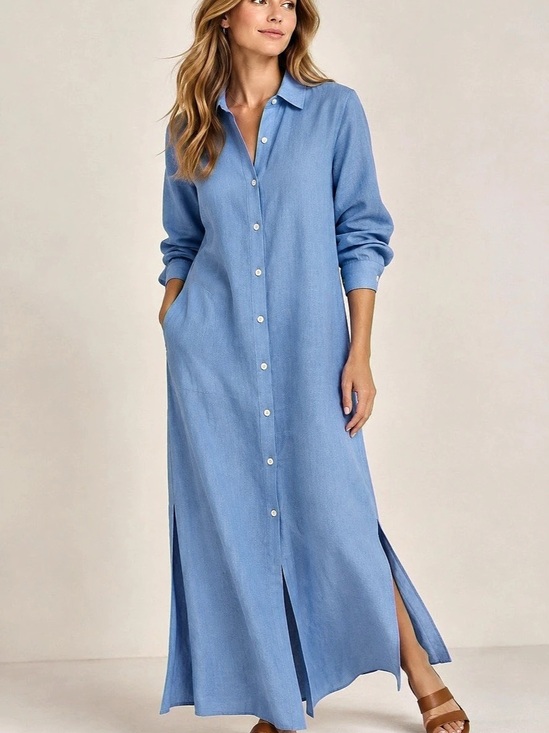 LOFT Dresses & Skirts - LOFT Linen Blend Pocket Maxi Shirtdress Blue Size Small